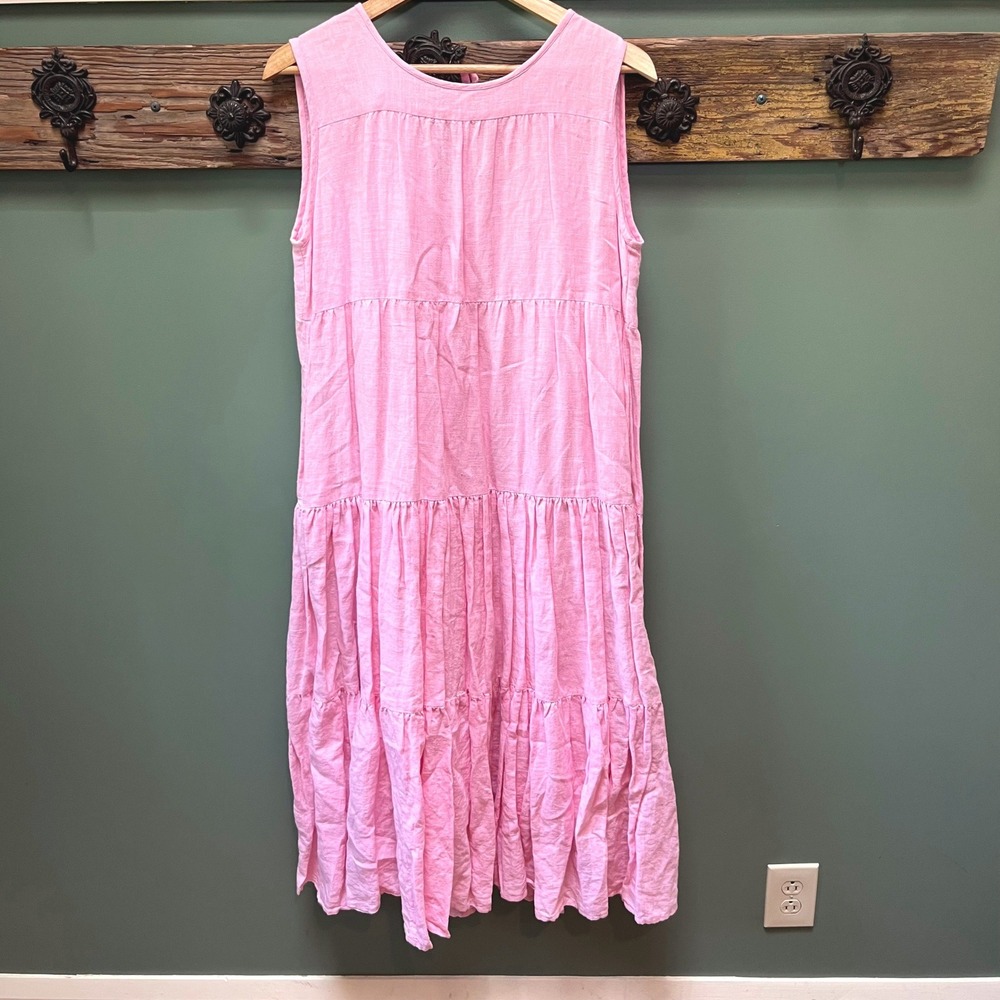 Tribe Alive Pink 100% Organic Linen Sleeveless Tiered Midi Dress Womens Medium